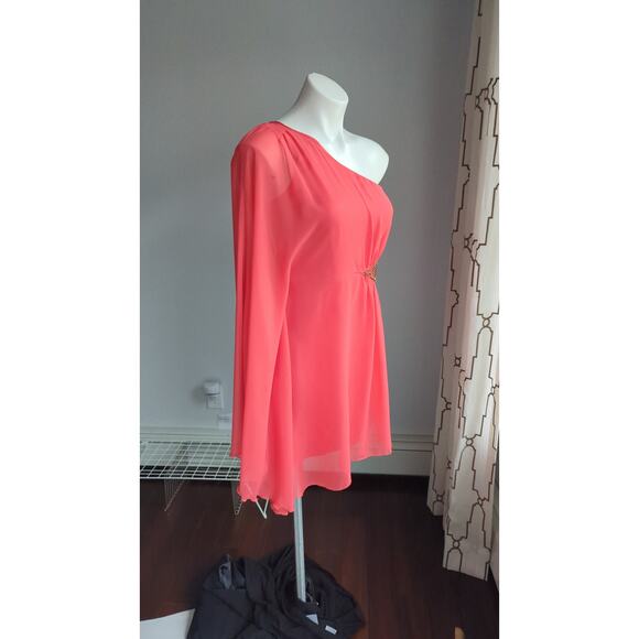 Free People One Shoulder Beaded Chiffon Mini Dress size 4  Papaya Party   Small - Picture 9 of 13